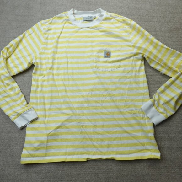 Carhartt WIP Shirt Large White Yellow Striped Long Sleeve Scotty Pocket Tee - Picture 1 of 7